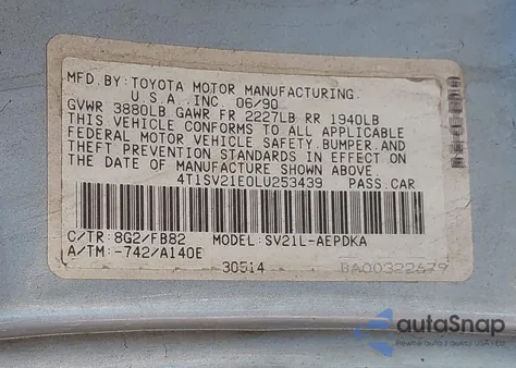 1990 Toyota Camry Dlx from USA, damaged, VIN 4T1SV21E0LU253439
